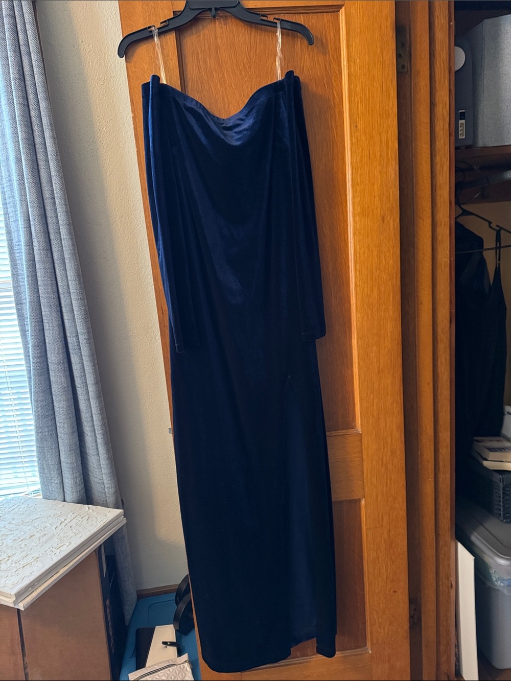 Strapless Navy Blue Velvet Maxi Dress